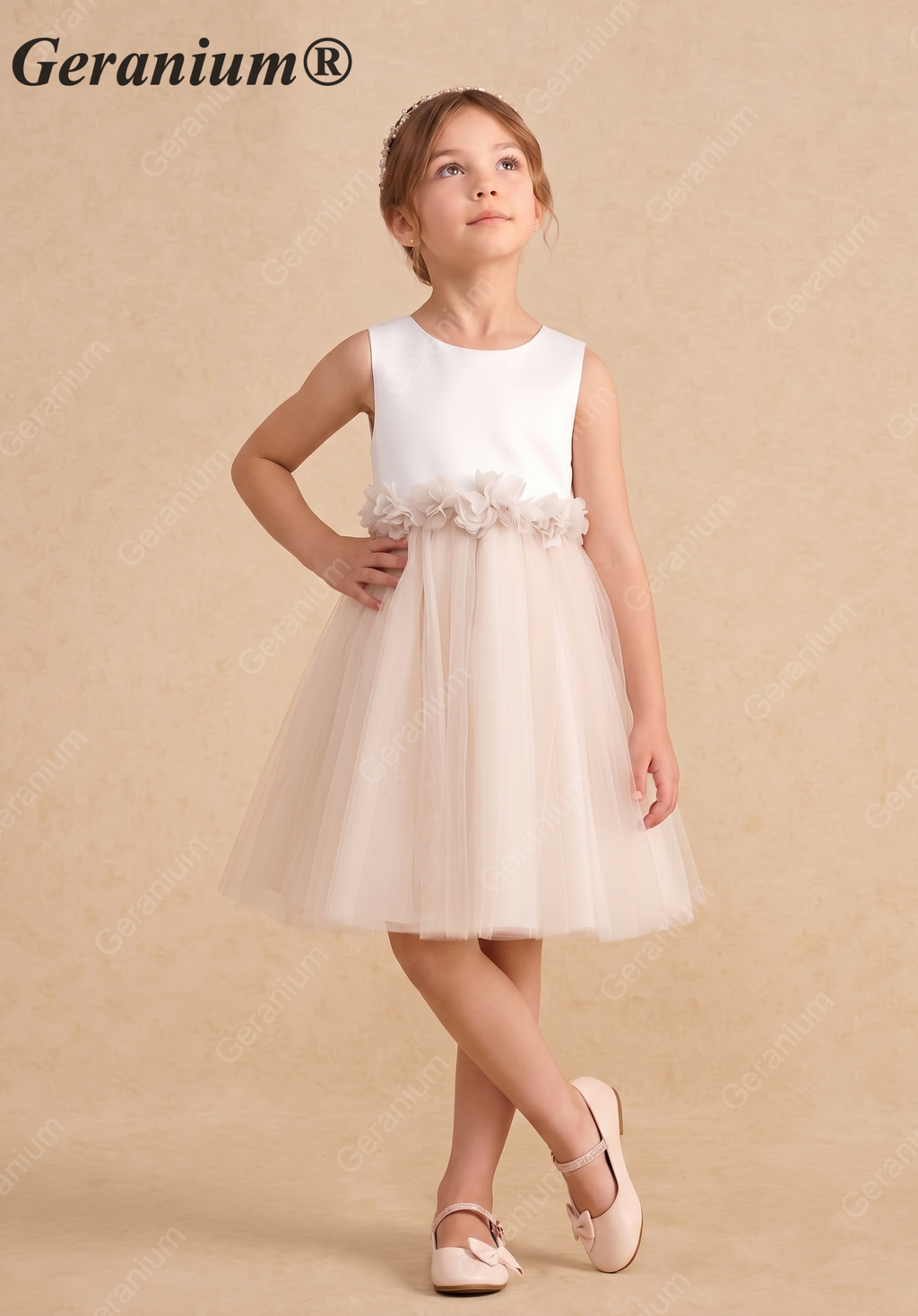 Geranium Elegant Satin and Tulle Flower Girl Dress with 3D Floral Waistband - Open Back KD-259