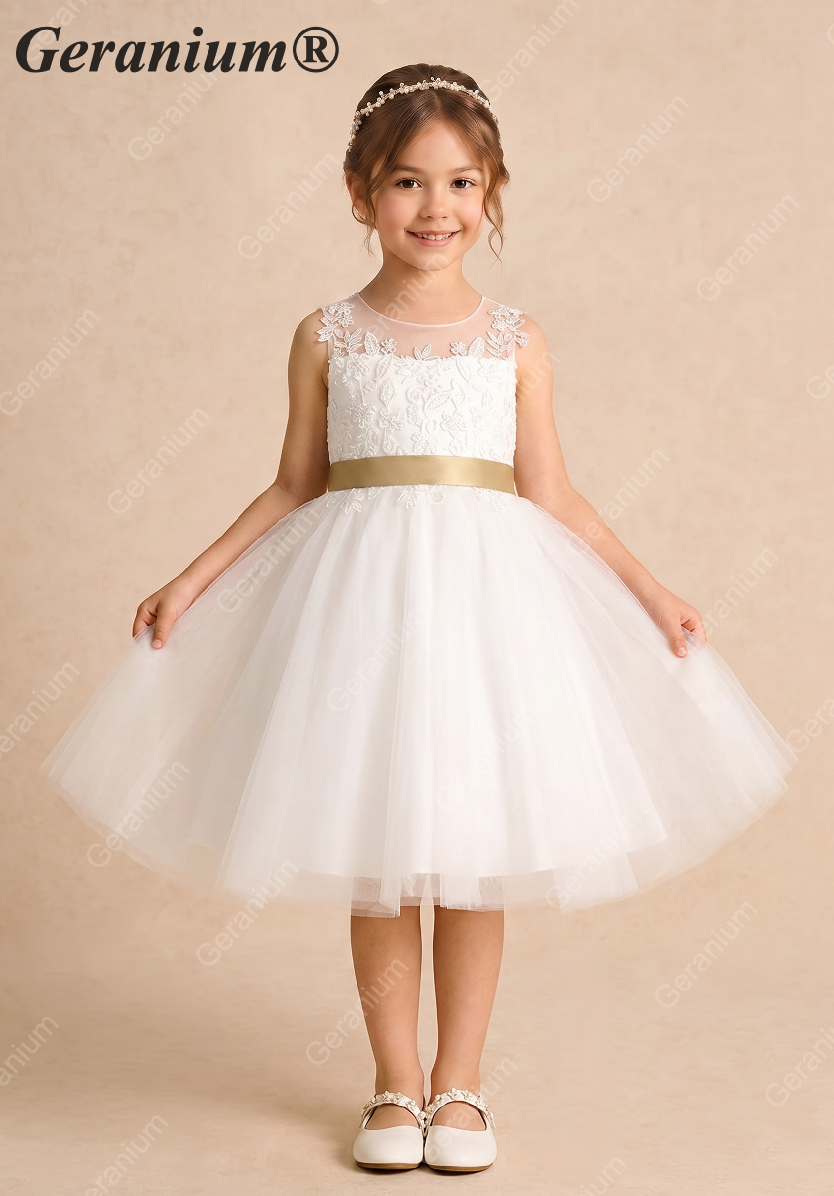 Geranium Elegant Lace Applique Flower Girl Dress - Illusion Back Tulle Tutu Party Gown with Champagne Sash KD-216 Main image
