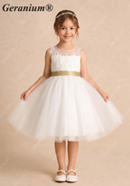 Geranium Elegant Lace Applique Flower Girl Dress - Illusion Back Tulle Tutu Party Gown with Champagne Sash KD-216