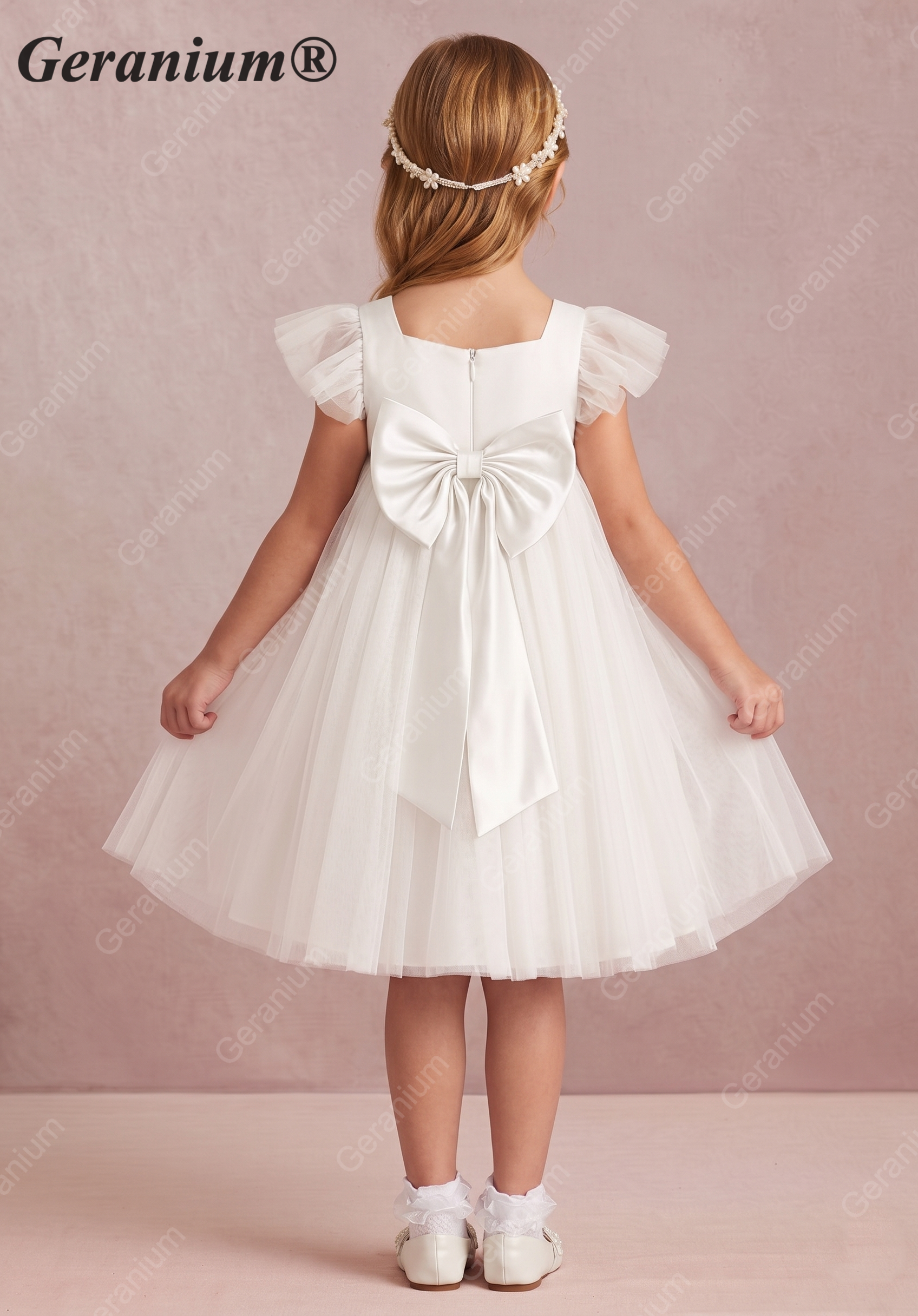 Geranium Girl's Tulle Princess Dress with Back Bow - Flutter Sleeve Flower Girl Gown for Weddings and Parties KD-242