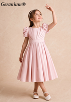 Geranium Elegant Puff Sleeve Satin Flower Girl Dress with Back Bow - Pink Formal Party Gown for Kids KD-254