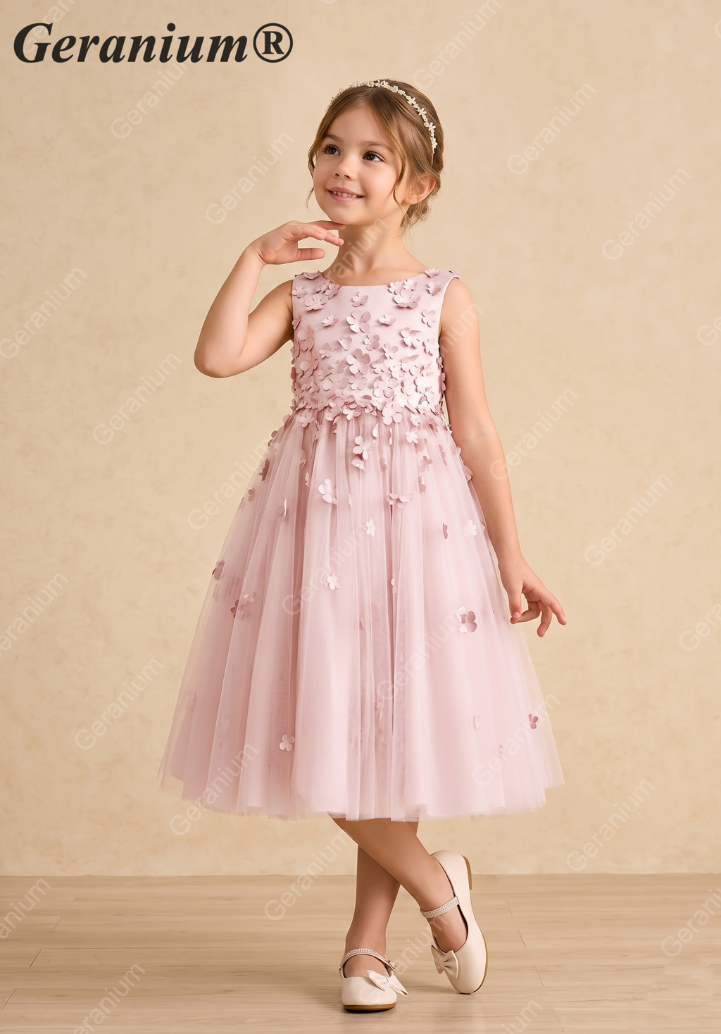 Geranium 3D Floral Applique Flower Girl Dress - Dusty Pink Tulle Princess Gown for Weddings & Birthdays KD-210