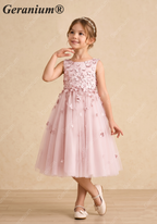Geranium 3D Floral Applique Flower Girl Dress - Dusty Pink Tulle Princess Gown for Weddings & Birthdays KD-210