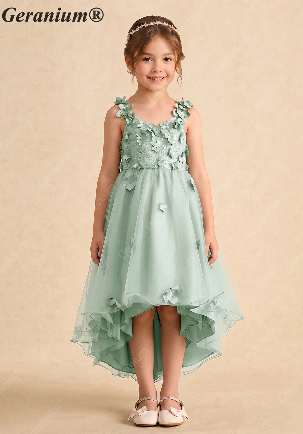Geranium Sage Green 3D Floral Applique Flower Girl Dress - High-Low Tulle Skirt with Detachable Bow KD-269