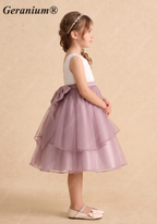 Geranium Elegant Two-Tone Flower Girl Dress: White Satin Sleeveless Bodice with Dusty Mauve Tiered Tulle Skirt & Detachable Oversized Bow KD-240