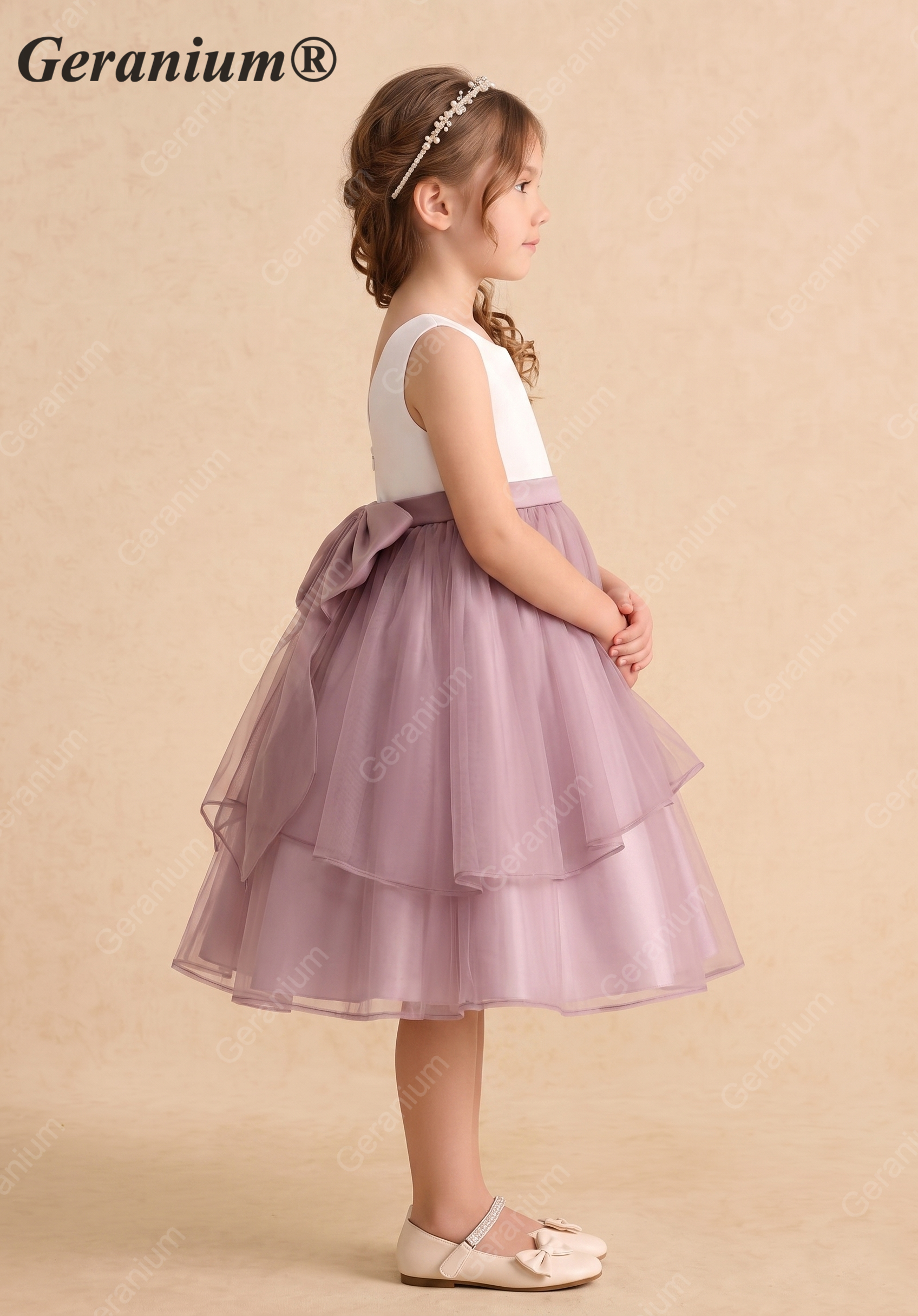Geranium Elegant Two-Tone Flower Girl Dress: White Satin Sleeveless Bodice with Dusty Mauve Tiered Tulle Skirt & Detachable Oversized Bow KD-240