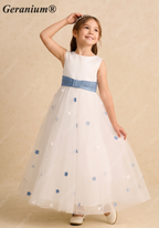 Geranium Elegant White Tulle Flower Girl Dress with Light Blue Ruched Sash and 3D Floral Appliques KD-265
