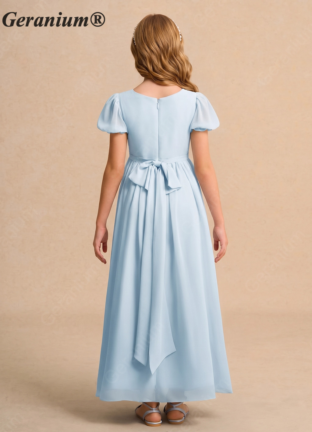 Geranium Dusty Blue Chiffon Junior Bridesmaid Dress with Puff Sleeves & Bow Back Tie KD-134