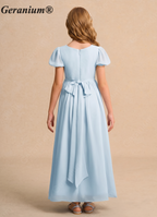 Geranium Dusty Blue Chiffon Junior Bridesmaid Dress with Puff Sleeves & Bow Back Tie KD-134