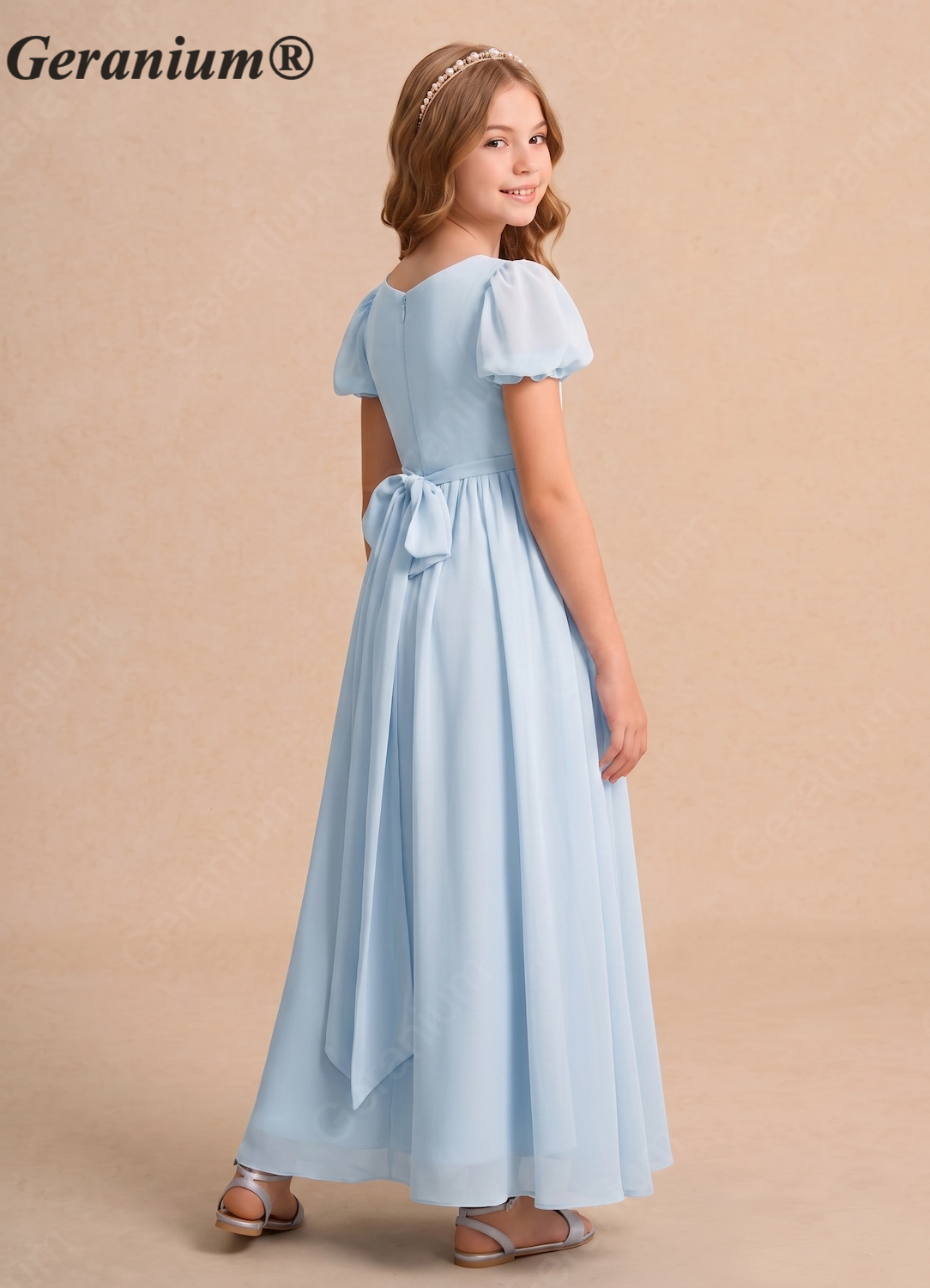 Geranium Powder Blue Chiffon Junior Bridesmaid Dress with Puff Sleeves & Bow Back – KD-134 Secondary image