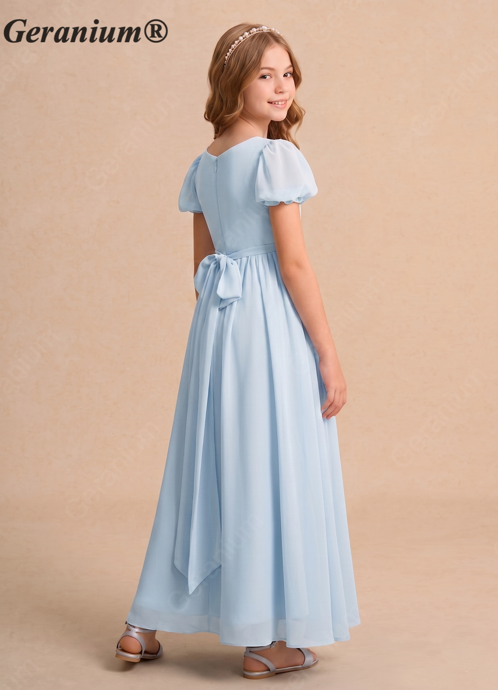 Geranium Dusty Blue Chiffon Junior Bridesmaid Dress with Puff Sleeves & Bow Back Tie KD-134