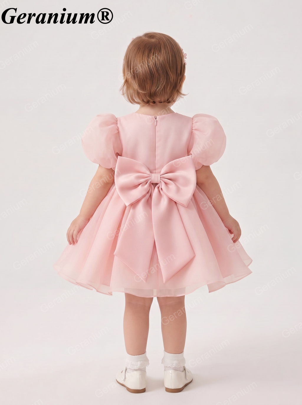 Geranium Elegant Blush Pink Puff Sleeve Baby Girl Dress - 3D Floral Appliques & Large Back Bow - Perfect for 1st Birthday, Weddings & Parties KD-364
