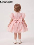 Geranium Elegant Blush Pink Puff Sleeve Baby Girl Dress - 3D Floral Appliques & Large Back Bow - Perfect for 1st Birthday, Weddings & Parties KD-364