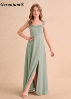 Geranium Ruffle Square Neck Chiffon Floor-Length Sage Green Junior Bridesmaid Dress for Kids/Teens (With Optional Side Slit) KD-174