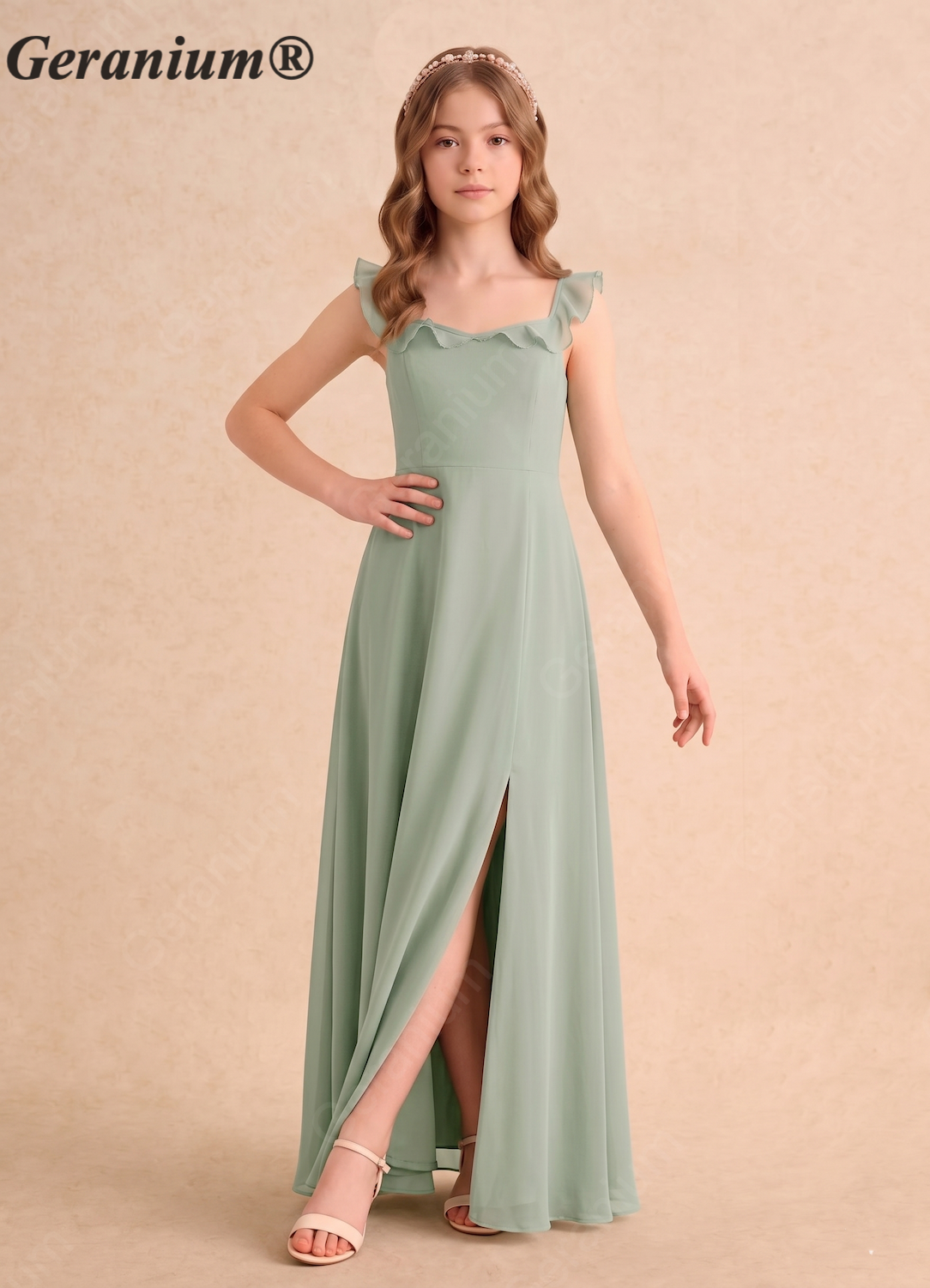 Geranium Ruffle Square Neck Chiffon Floor-Length Sage Green Junior Bridesmaid Dress for Kids/Teens (With Optional Side Slit) KD-174