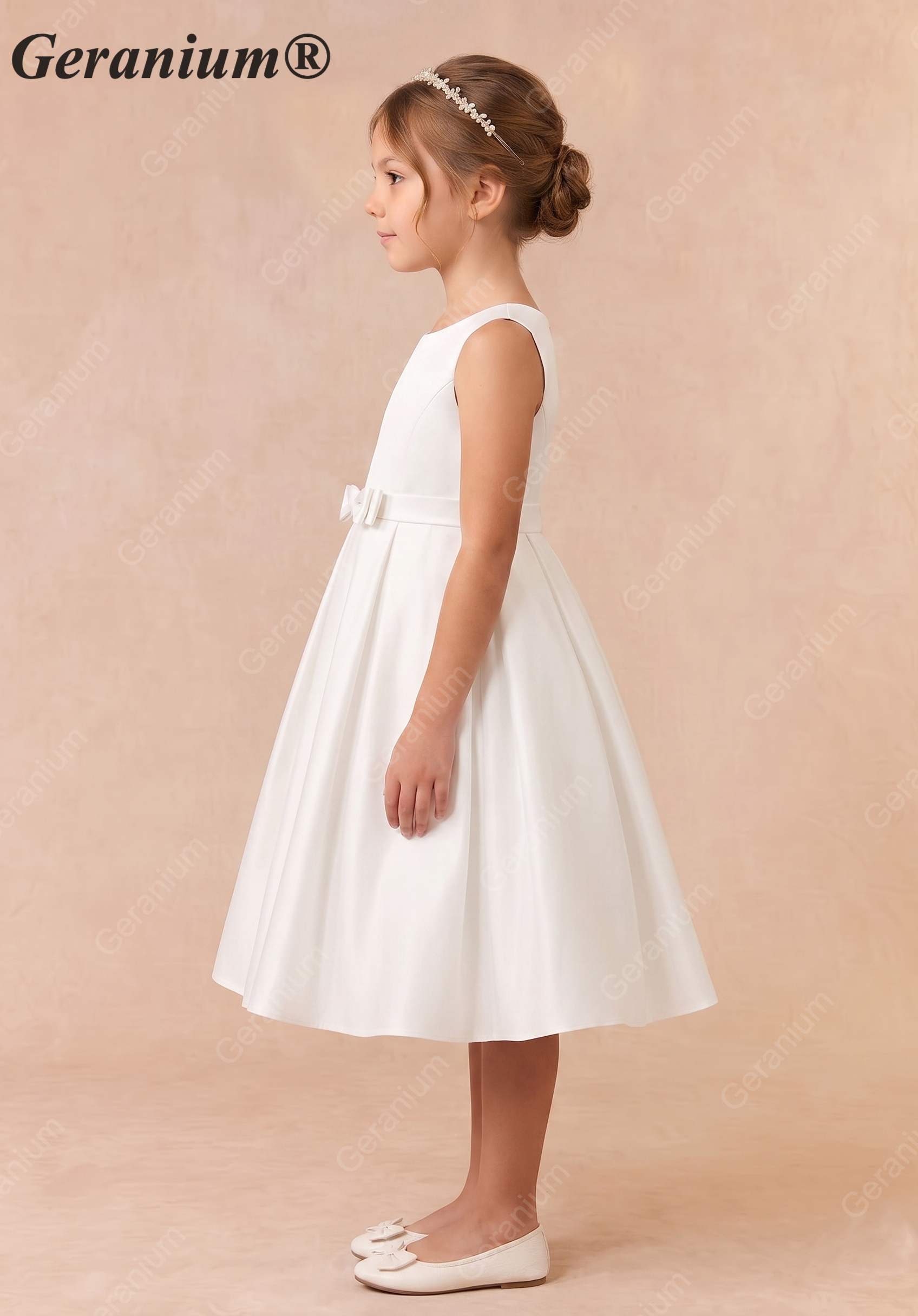 Geranium Elegant Satin Sleeveless Flower Girl Dress with Bow Sash - A-Line First Communion Princess Gown KD-261