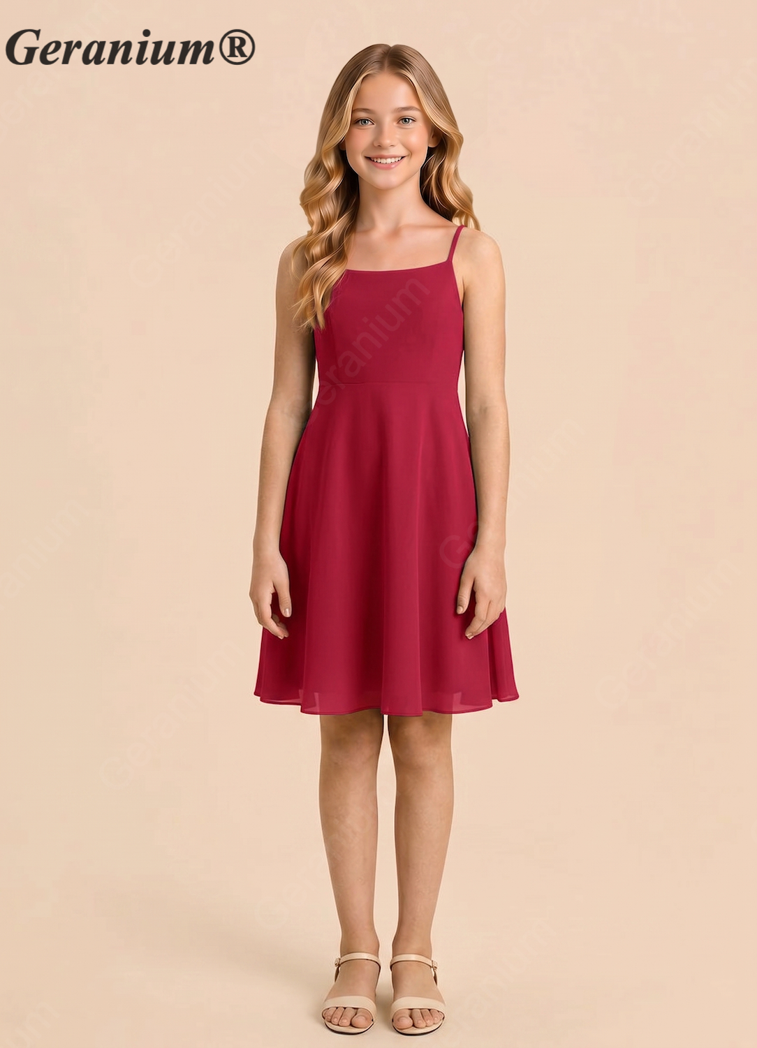 Geranium Elegant Spaghetti Strap A-Line Knee-Length Chiffon Dress with Open Back Bow – Junior Bridesmaid / Party Dress KD-108 Main image