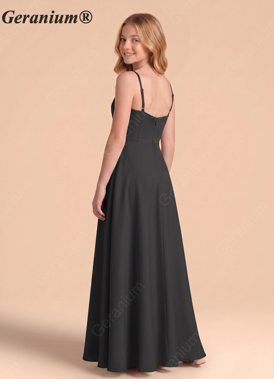 Geranium Elegant Black Spaghetti Strap High-Low Bridesmaid Dress with Draped Bodice KD-135