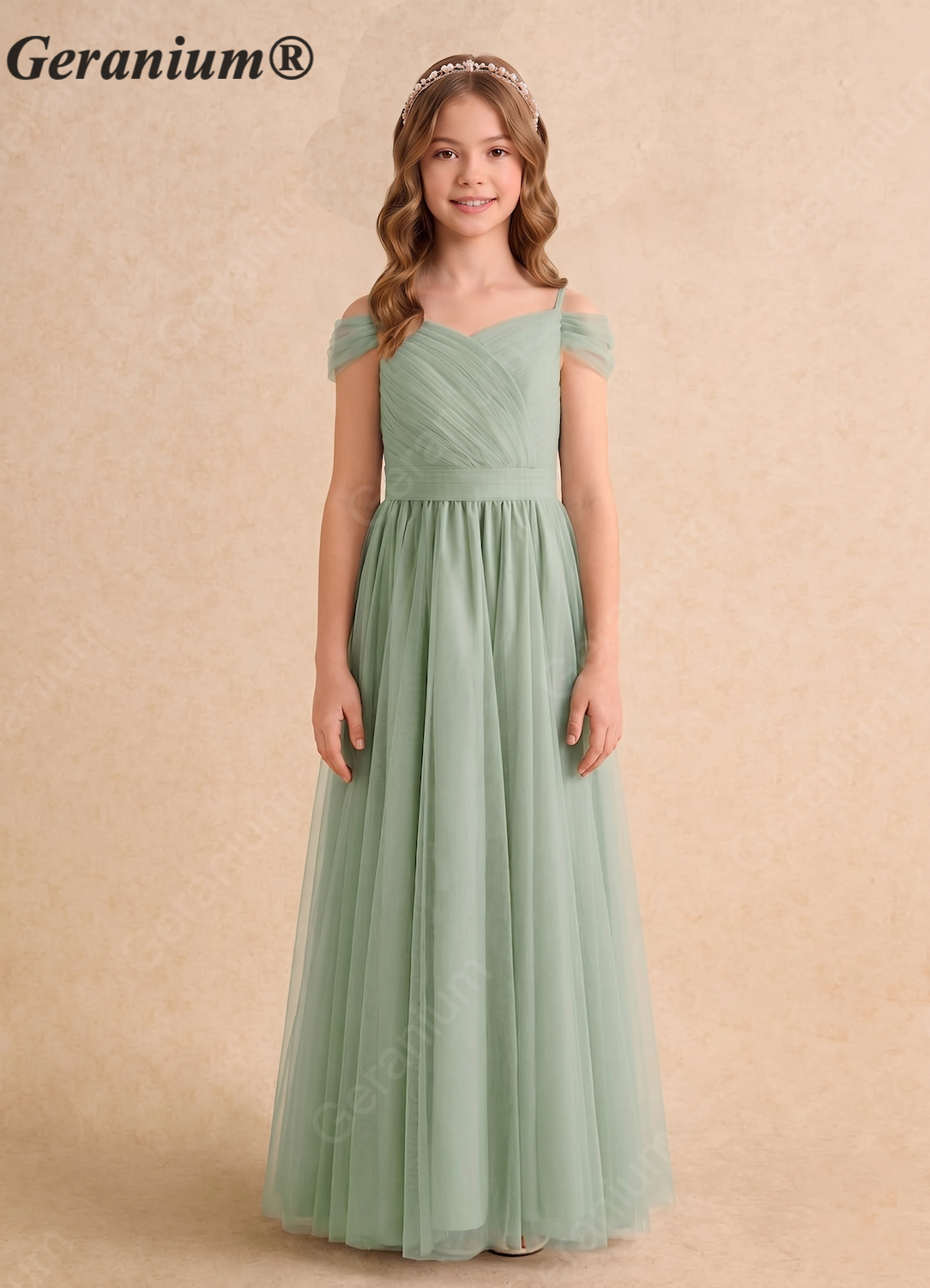 Geranium Sage Green Off-Shoulder Tulle Flower Girl Dress – Elegant A-Line Long Junior Bridesmaid Dress KD-152 Main image