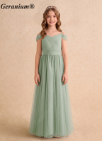 Geranium Sage Green Off-Shoulder Tulle Flower Girl Dress – Elegant A-Line Long Junior Bridesmaid Dress KD-152