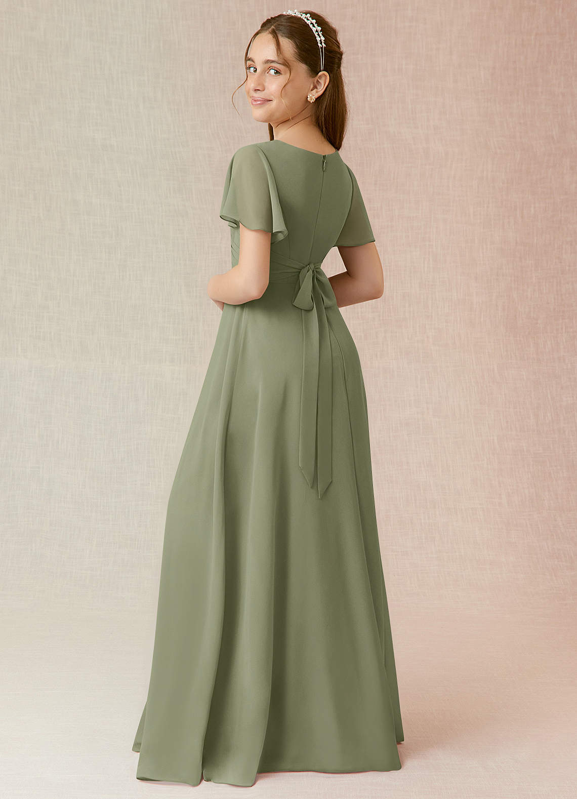 Geranium Elegant Chiffon Junior Bridesmaid Dress with V-Neck Flutter Sleeves & Side Split KD-145 Secondary image