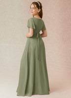 Geranium Elegant Chiffon Junior Bridesmaid Dress with V-Neck Flutter Sleeves & Side Split KD-145