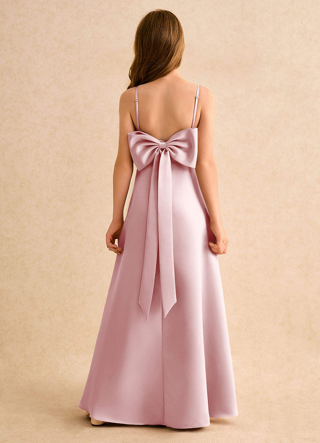 Geranium Dusty Rose Satin A-Line Flower Girl Dress with Bow Back – Spaghetti Strap Junior Bridesmaid Maxi Dress KD-150