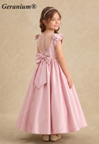 Geranium Elegant Pink Satin Flower Girl Dress - Pearl Illusion Back with Detachable Oversized Bow, Sleeveless Princess Gown for Weddings & Parties KD-239
