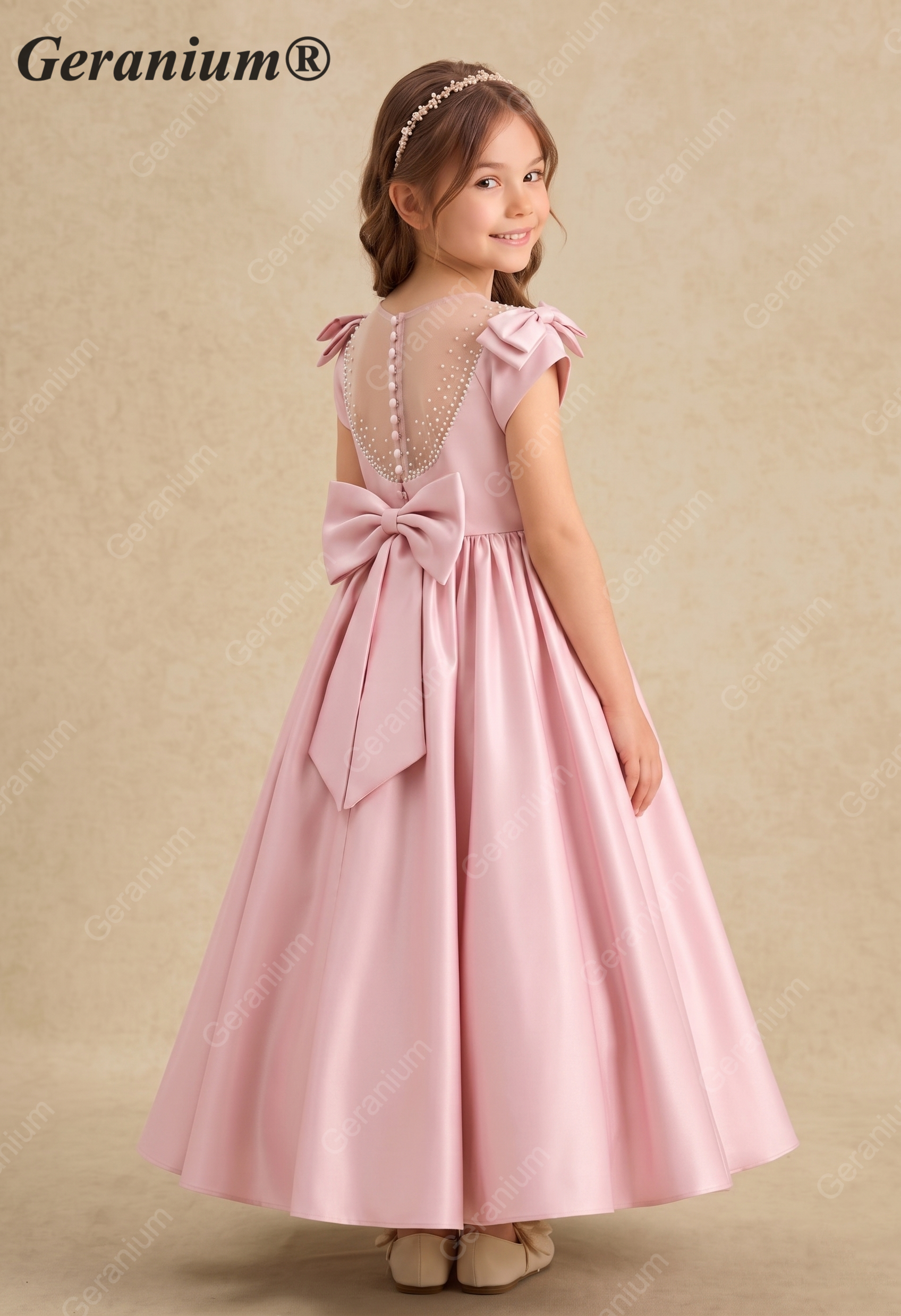 Geranium Elegant Pink Satin Flower Girl Dress - Pearl Illusion Back with Detachable Oversized Bow, Sleeveless Princess Gown for Weddings & Parties KD-239