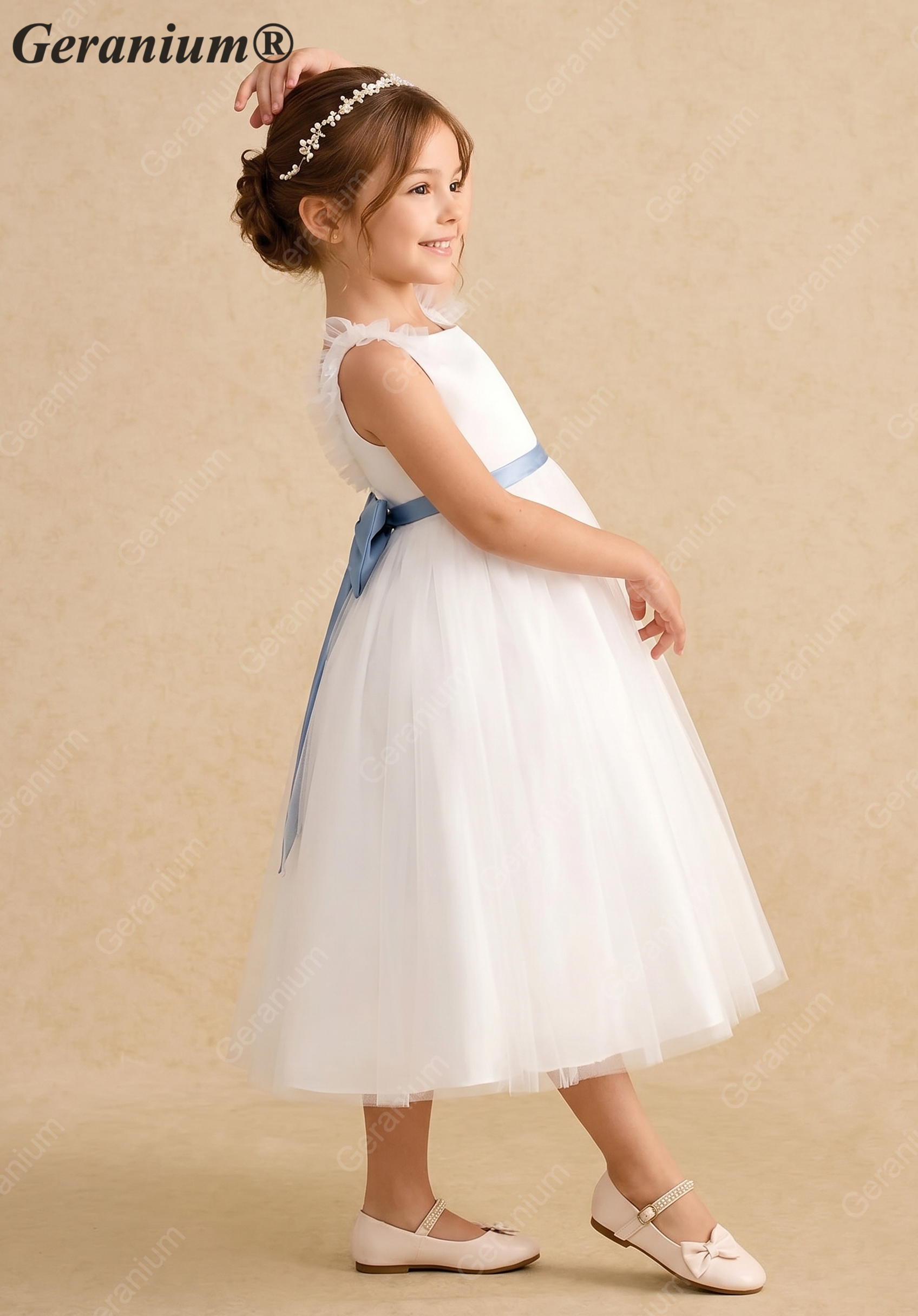 Geranium Ruffle V-Back Flower Girl Dress with Satin Bow Sash - Tulle T-Length Princess Party Gown KD-179