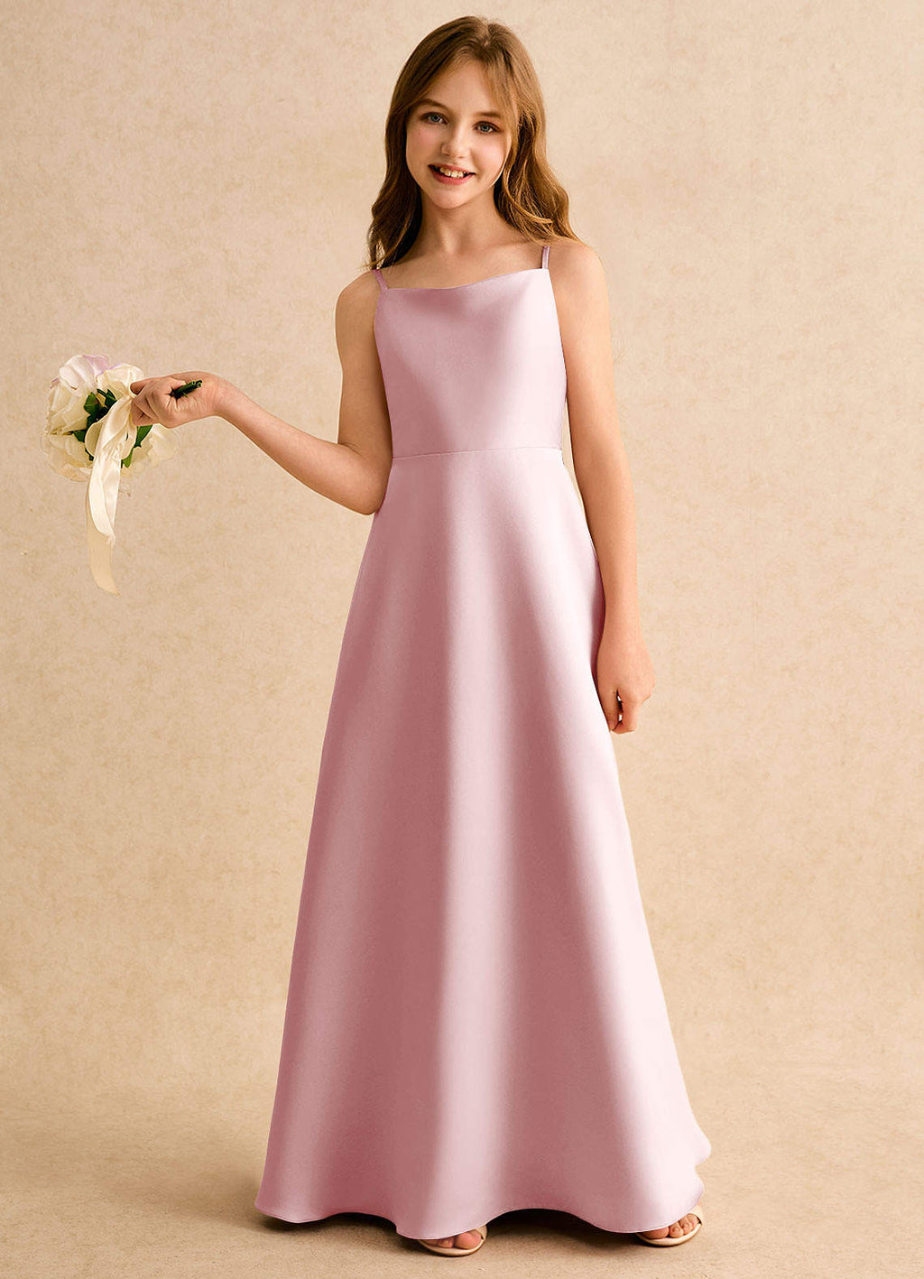 Geranium Dusty Rose Satin A-Line Flower Girl Dress with Bow Back – Spaghetti Strap Junior Bridesmaid Maxi Dress KD-150