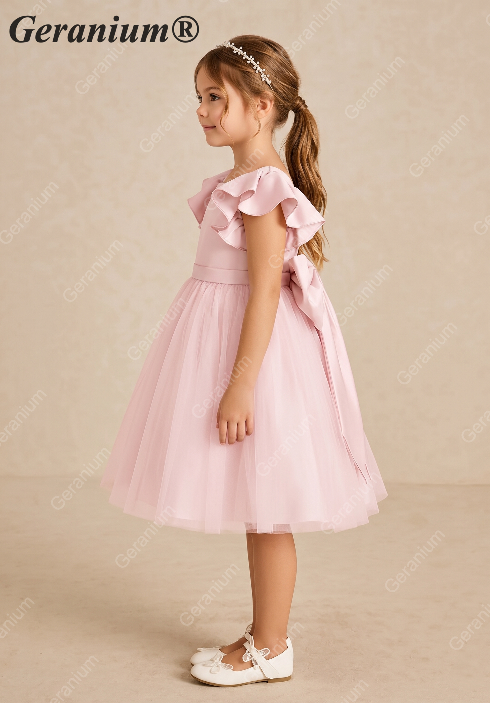 Geranium Girls Pink Ruffle Sleeve Satin Tulle Tutu Dress - Flower Girl Gown with Oversized Bow KD-219