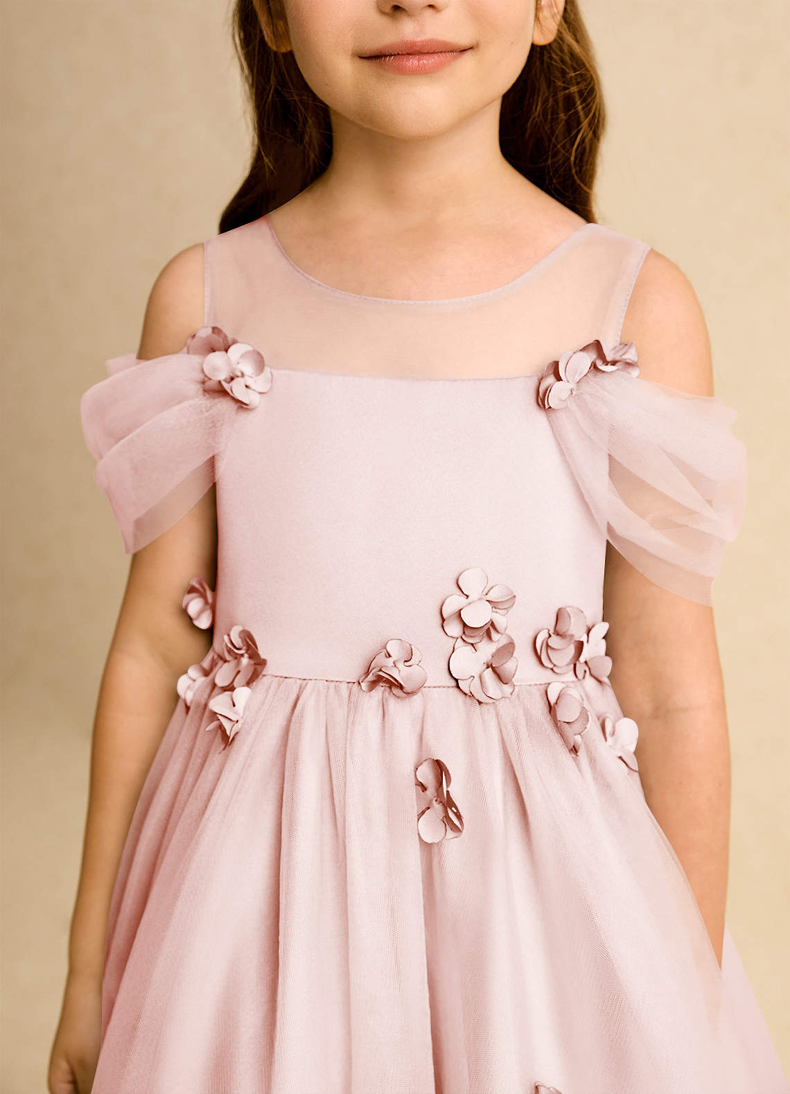 Geranium Enchanting Blush Pink Off-the-Shoulder Flower Girl Dress - Floral Appliqué Tulle Tutu Princess Gown KD-248