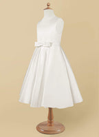 Geranium Elegant Satin Sleeveless Flower Girl Dress with Bow Sash - A-Line First Communion Princess Gown KD-261
