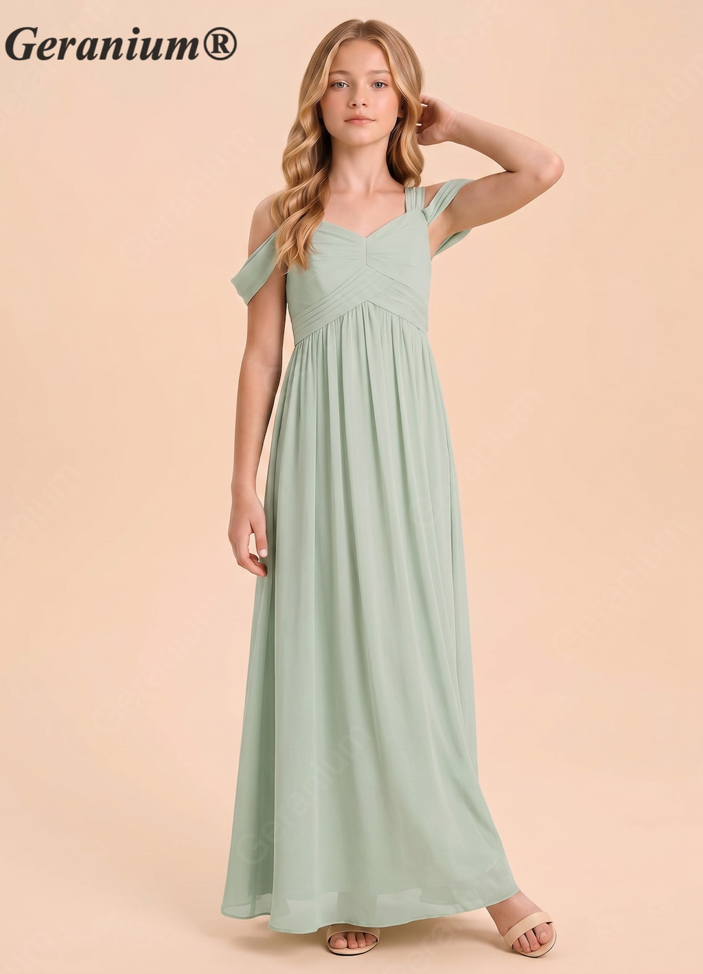Geranium Sweetheart Cold Shoulder Ruched Sage Green Chiffon A-Line Junior Bridesmaid Dress for Teen Girls - Floor Length KD-141