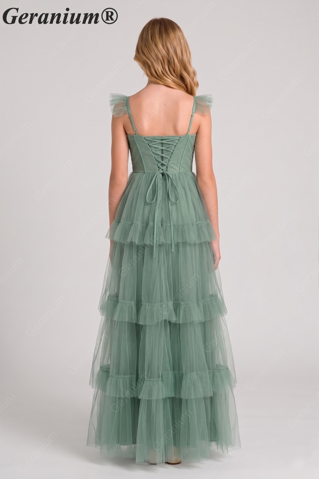 Geranium Fairy-tale Square Neck Tiered Tulle Gown with Corset Bodice for Bridesmaid & Prom KD-325