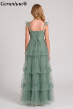 Geranium Fairy-tale Square Neck Tiered Tulle Gown with Corset Bodice for Bridesmaid & Prom KD-325