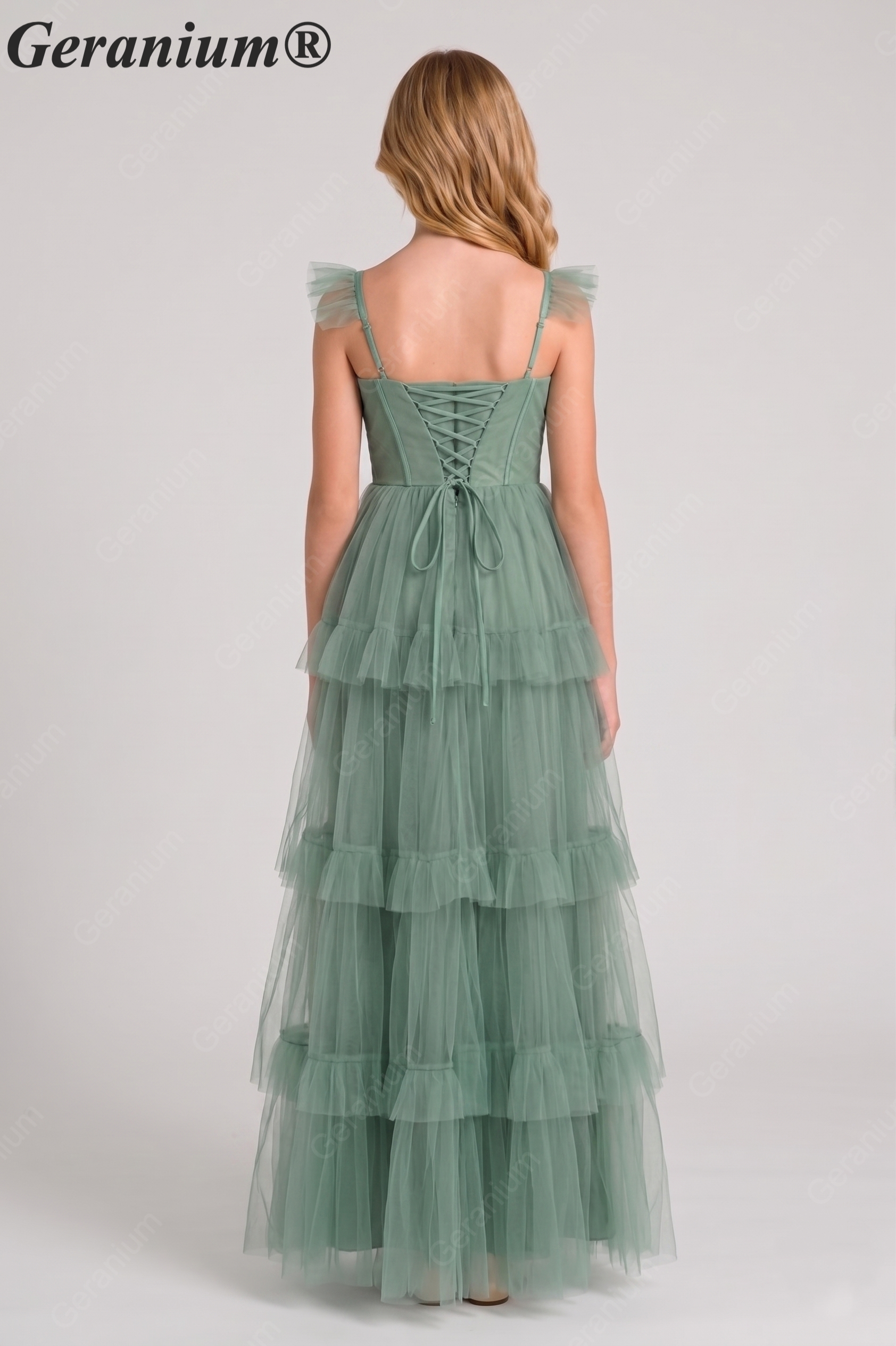 Geranium Fairy-tale Square Neck Tiered Tulle Gown with Corset Bodice for Bridesmaid & Prom KD-325