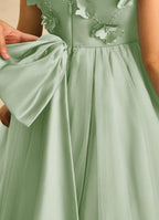 Geranium 3D Floral Applique Sage Green Flower Girl Dress - High-Low Tulle Ball Gown with Satin Bow KD-91