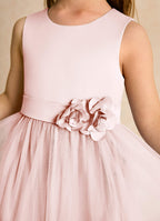 Geranium Elegant Blush Pink Tulle Flower Girl Dress - Satin Bodice with Handmade 3D Rosettes KD-206