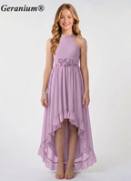 Geranium Lilac Halter High Low Junior Bridesmaid Dress with Floral Waist Chiffon Flowy Formal Dress for Girls KD-59