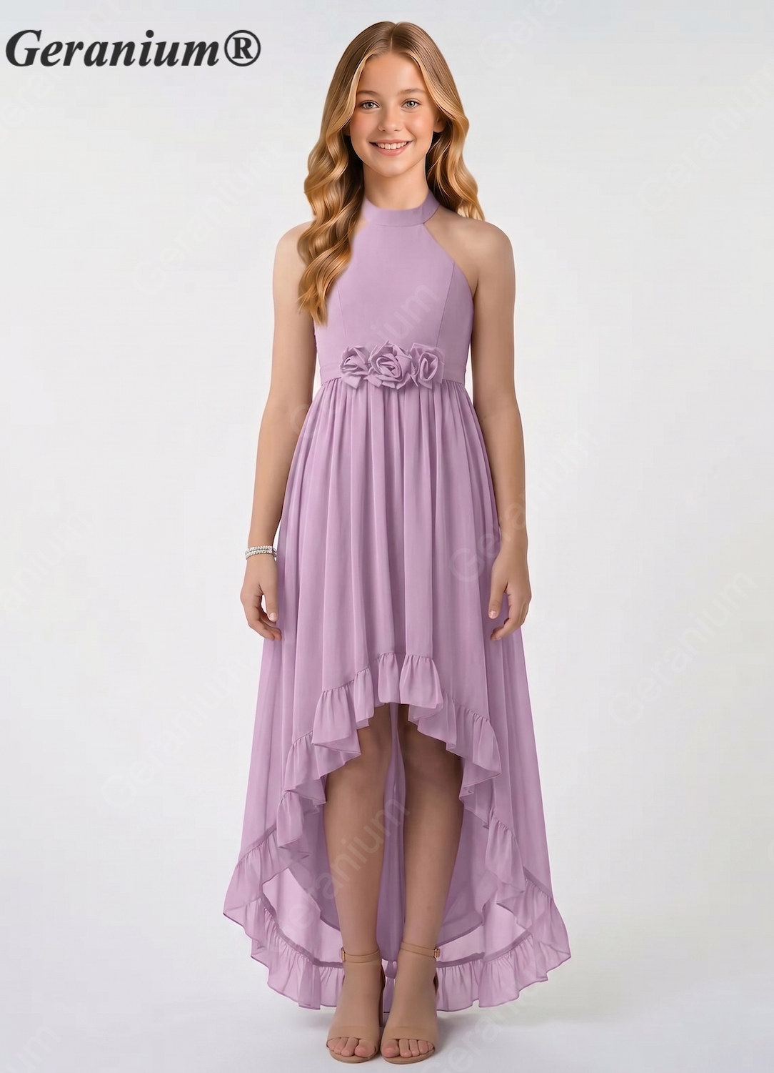 Geranium Lilac Halter High Low Junior Bridesmaid Dress with Floral Waist Chiffon Flowy Formal Dress for Girls KD-59