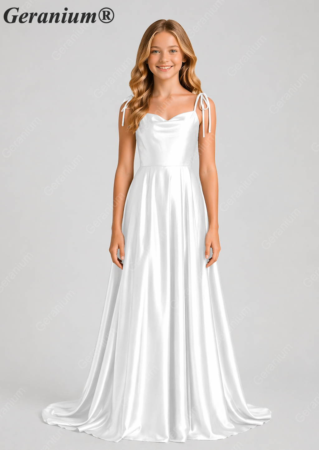 Geranium Elegant Sage Green Satin Cowl Neck Junior Bridesmaid Dress with Tie Straps KD-333