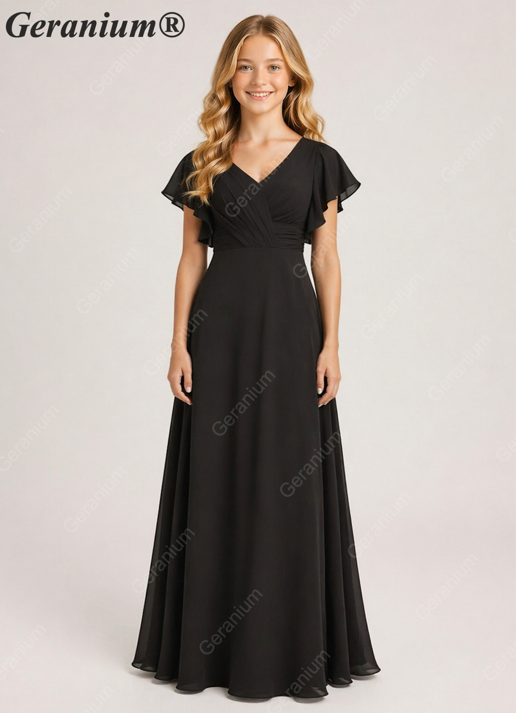 Geranium Elegant V-Neck Flutter Sleeve Chiffon Junior Bridesmaid Dress Long KD-320