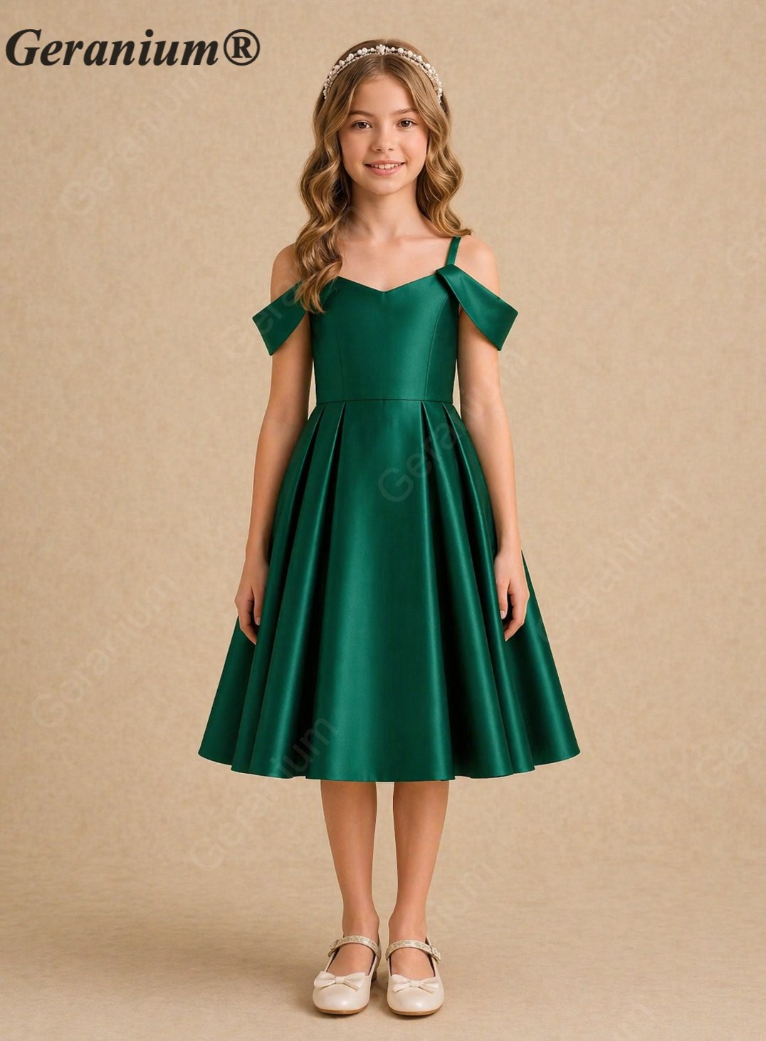Geranium Elegant Emerald Green Satin Off-the-Shoulder Flower Girl Dress with Big Bow KD-8J