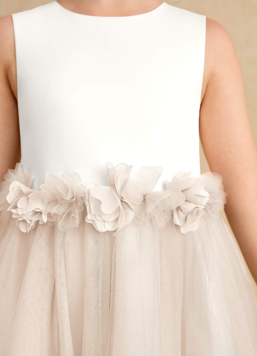 Geranium Elegant Satin and Tulle Flower Girl Dress with 3D Floral Waistband - Open Back KD-259