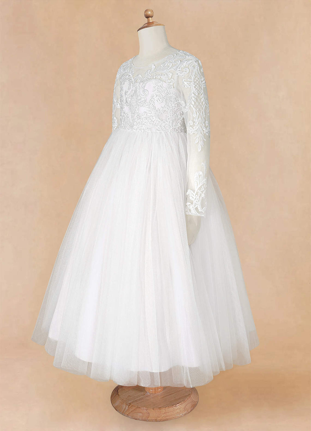 Geranium Elegant Lace Long Sleeve Flower Girl Dress with Oversized Back Bow & Tulle Train KD-208