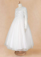 Geranium Elegant Lace Long Sleeve Flower Girl Dress with Oversized Back Bow & Tulle Train KD-208