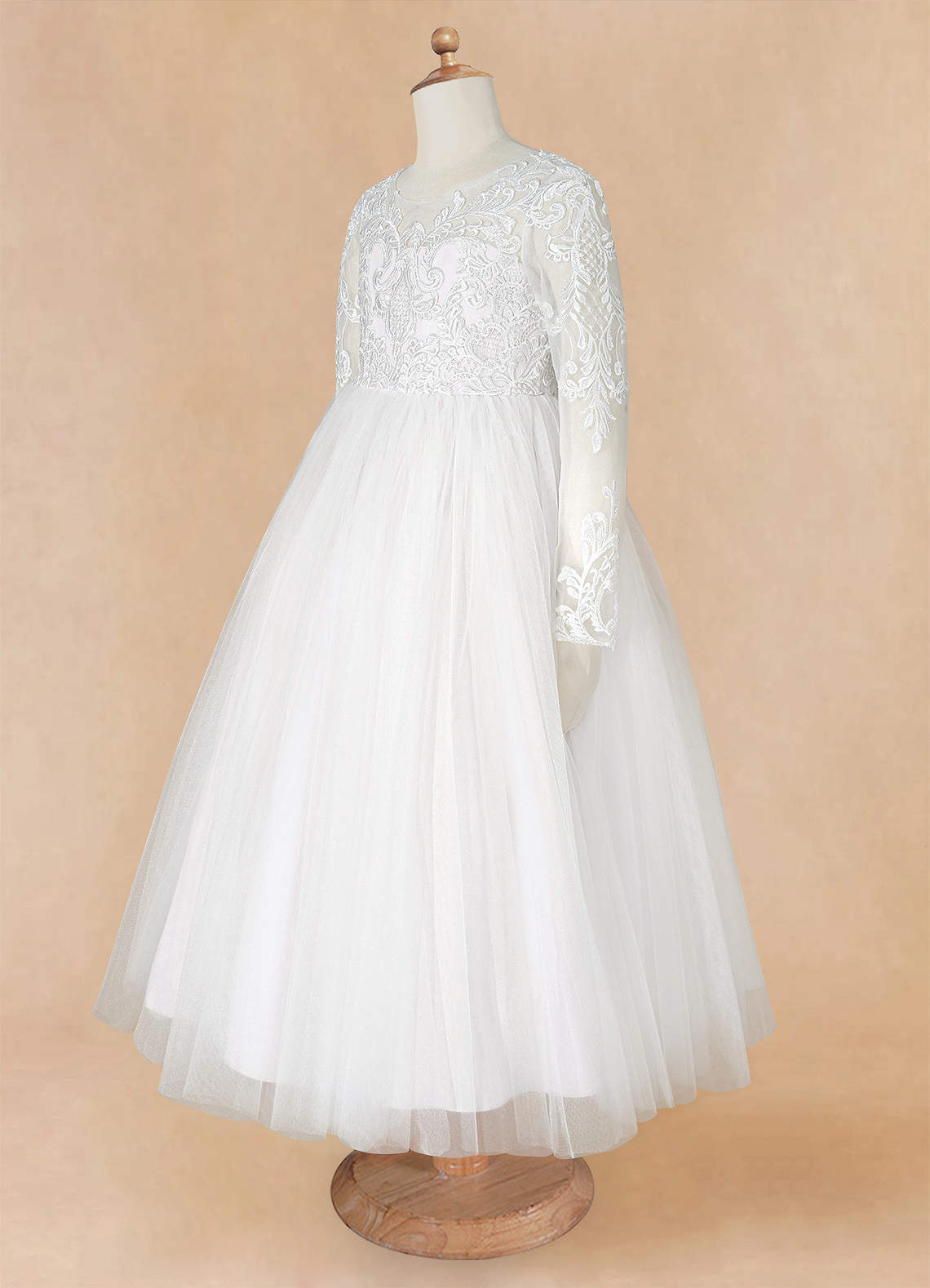 Geranium Elegant Lace Long Sleeve Flower Girl Dress with Oversized Back Bow & Tulle Train KD-208