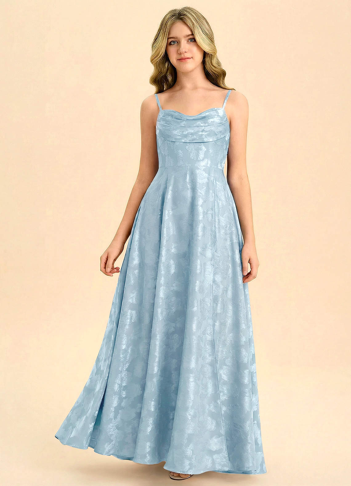 Geranium Dusty Blue Jacquard A-Line Long Dress with Bow Back – Spaghetti Strap Elegant Teen Formal Dress KD-76